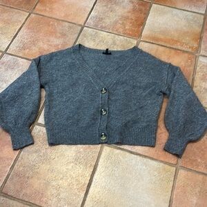 Top shop, three button poof sleeve, grandpa style cropped cardigan